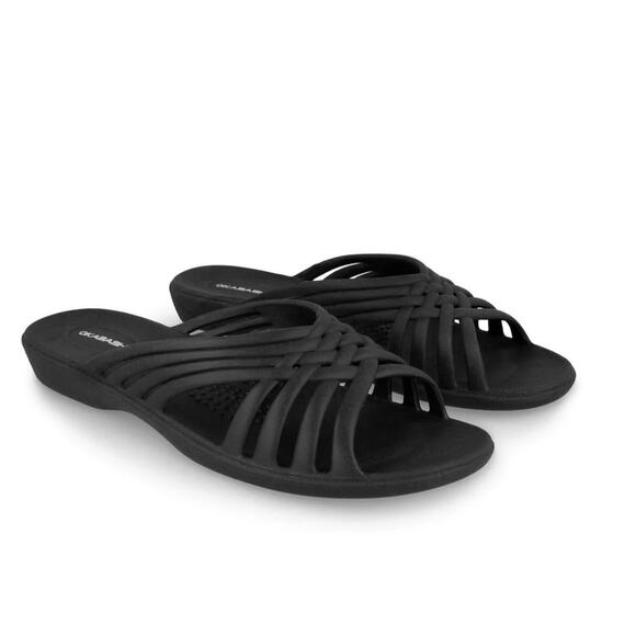 Okabashi Venice Black Slip-On Low Wedge Heel Rubber Sandals Size M/L 8-9 - Picture 1 of 9